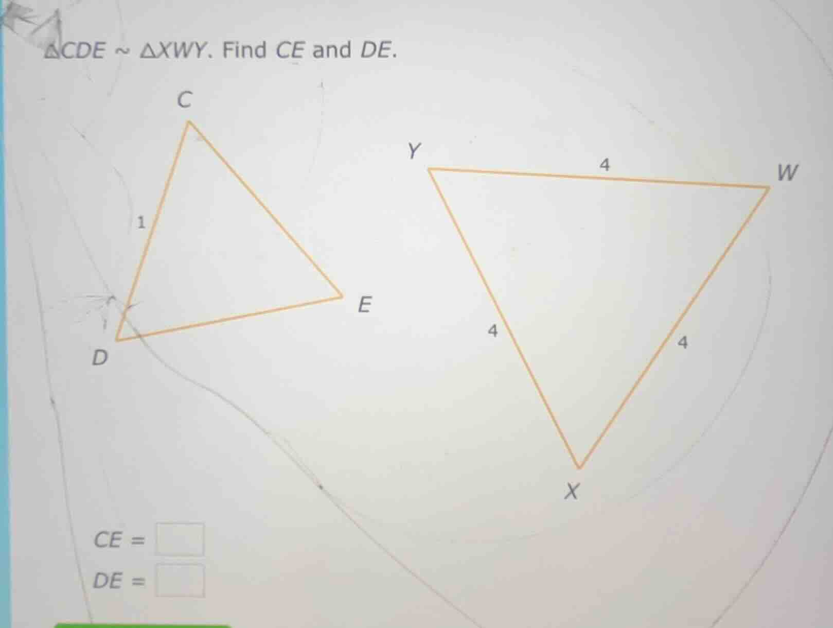 $\\triangle cde \\sim \\triangle xwy$. find $ce$ and $de$.
