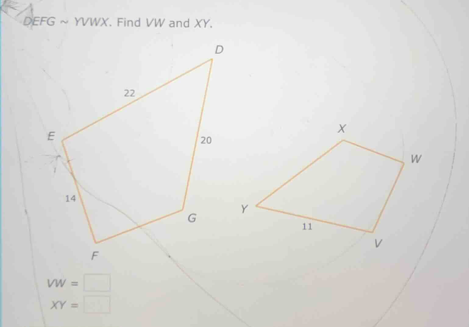 defg ~ yvwx. find vw and xy. vw = xy =