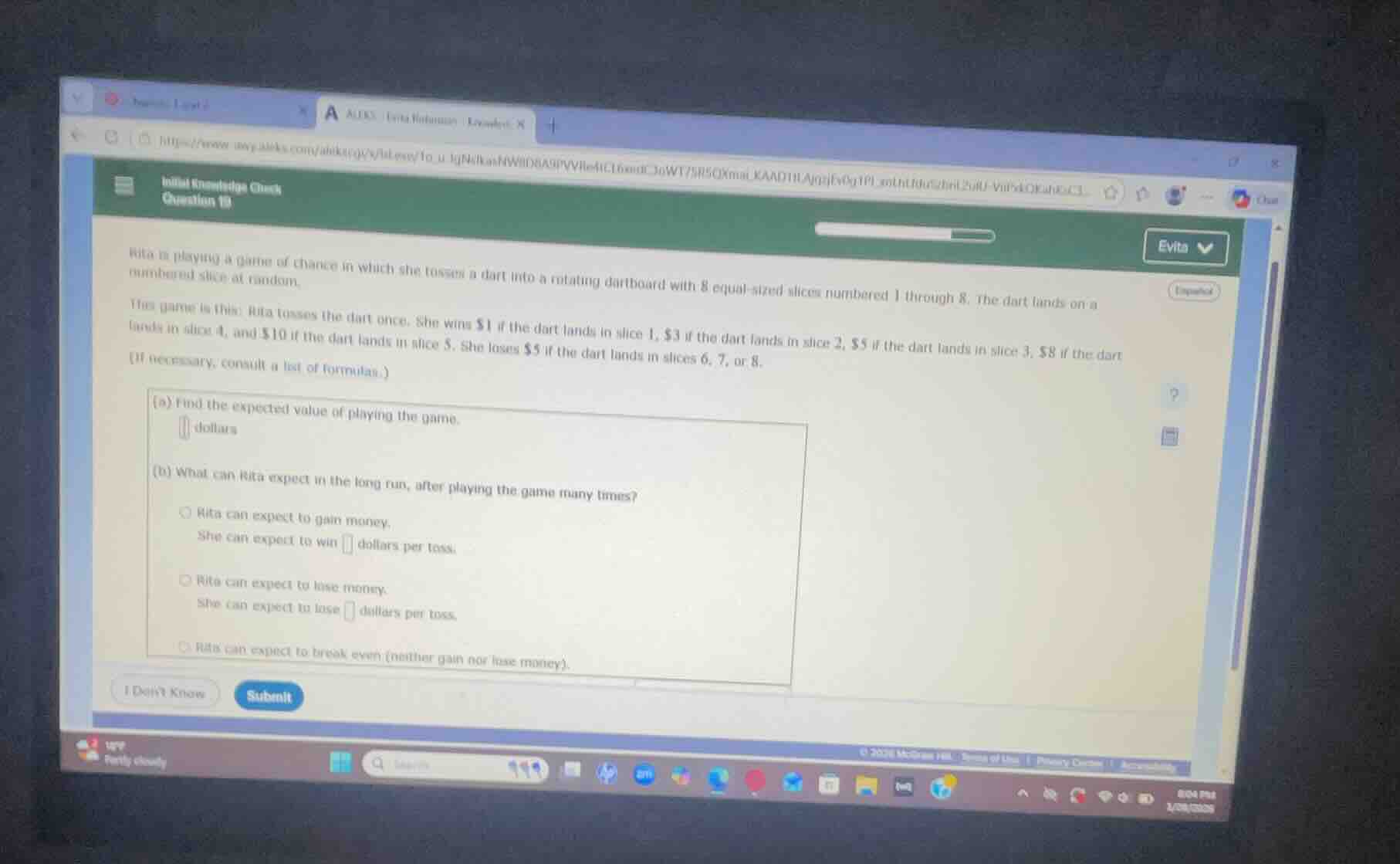 rita is playing a game of chance in which she tosses a dart into a rota…