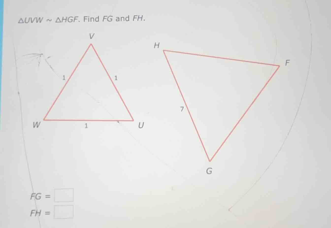 $\\triangle uvw \\sim \\triangle hgf$. find $fg$ and $fh$. $fg = \\squa…