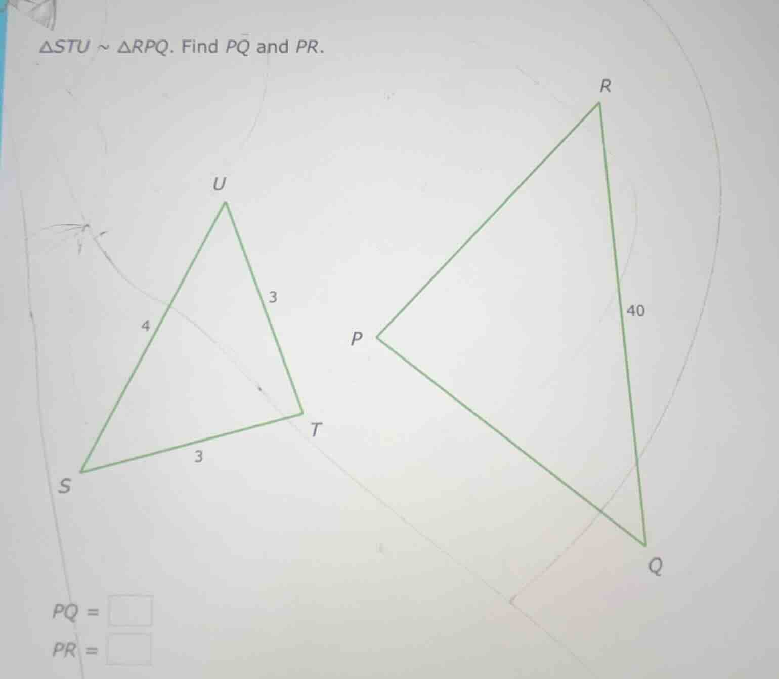 $\\triangle stu \\sim \\triangle rpq$. find $pq$ and $pr$.
