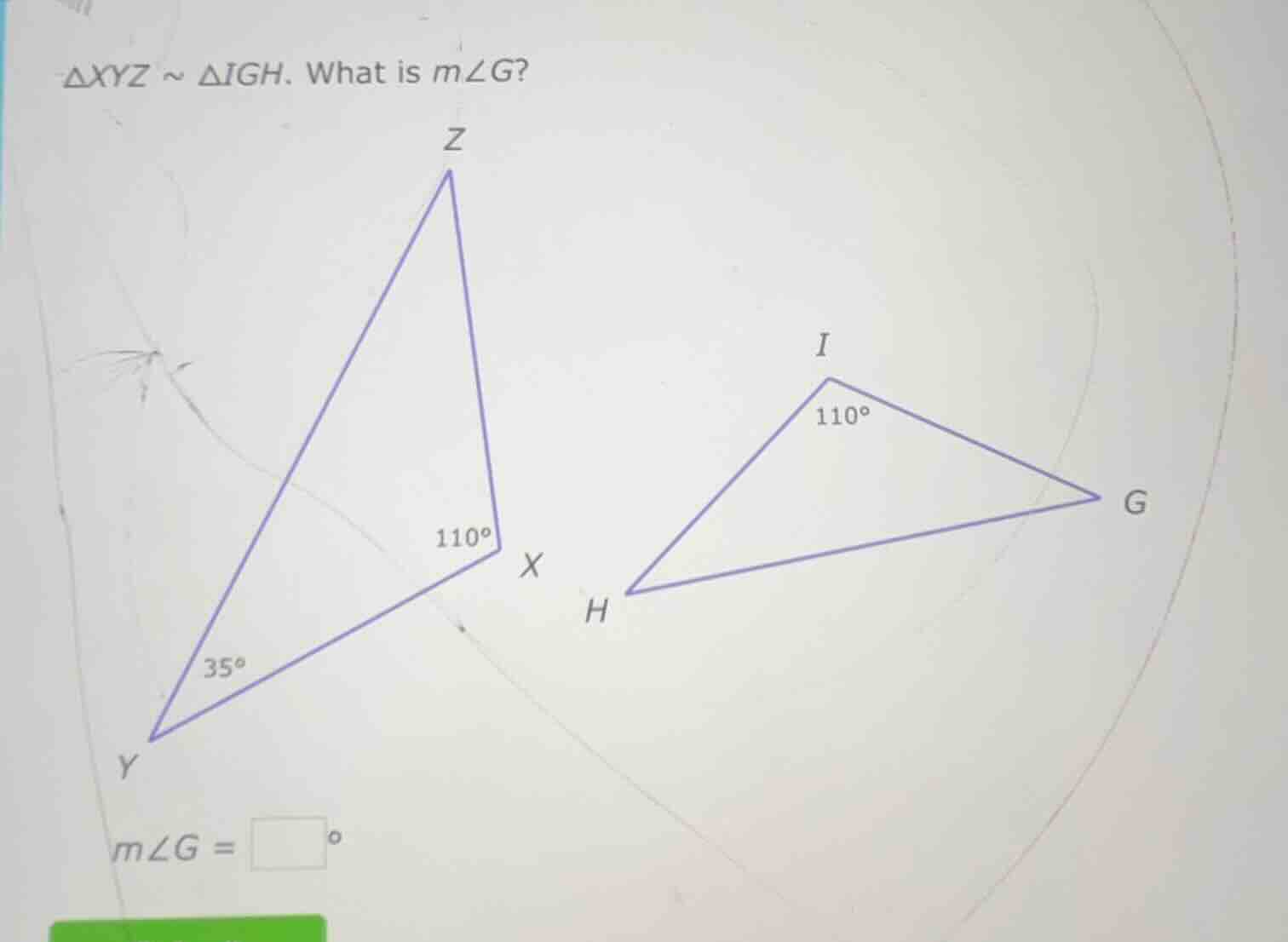 $\\triangle xyz \\sim \\triangle igh$. what is $m\\angle g$? $m\\angle …
