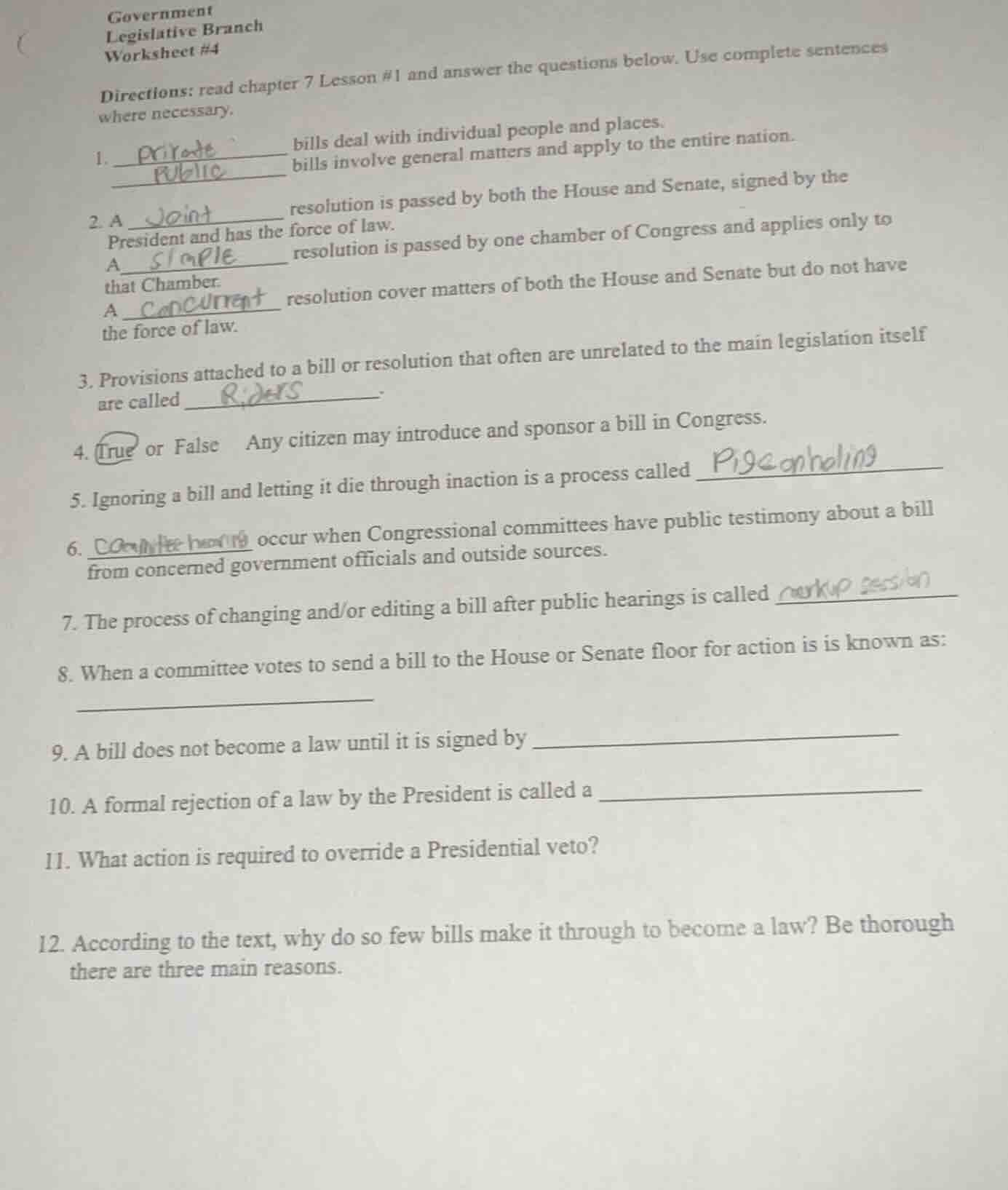 government legislative branch worksheet #4 directions: read chapter 7 l…
