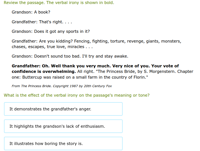 review the passage. the verbal irony is shown in bold. grandson: a book…