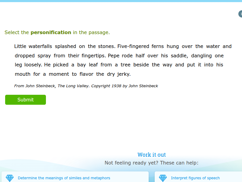 select the personification in the passage. little waterfalls splashed o…