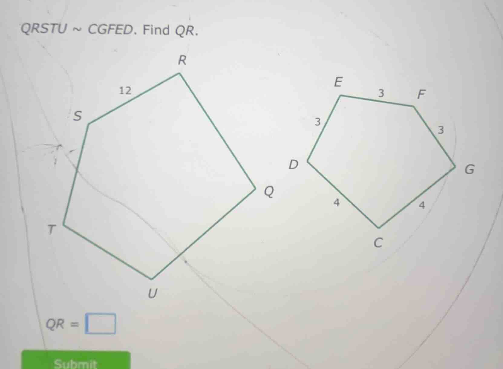 qrstu ~ cgfed. find qr. qr = \\boxed{}