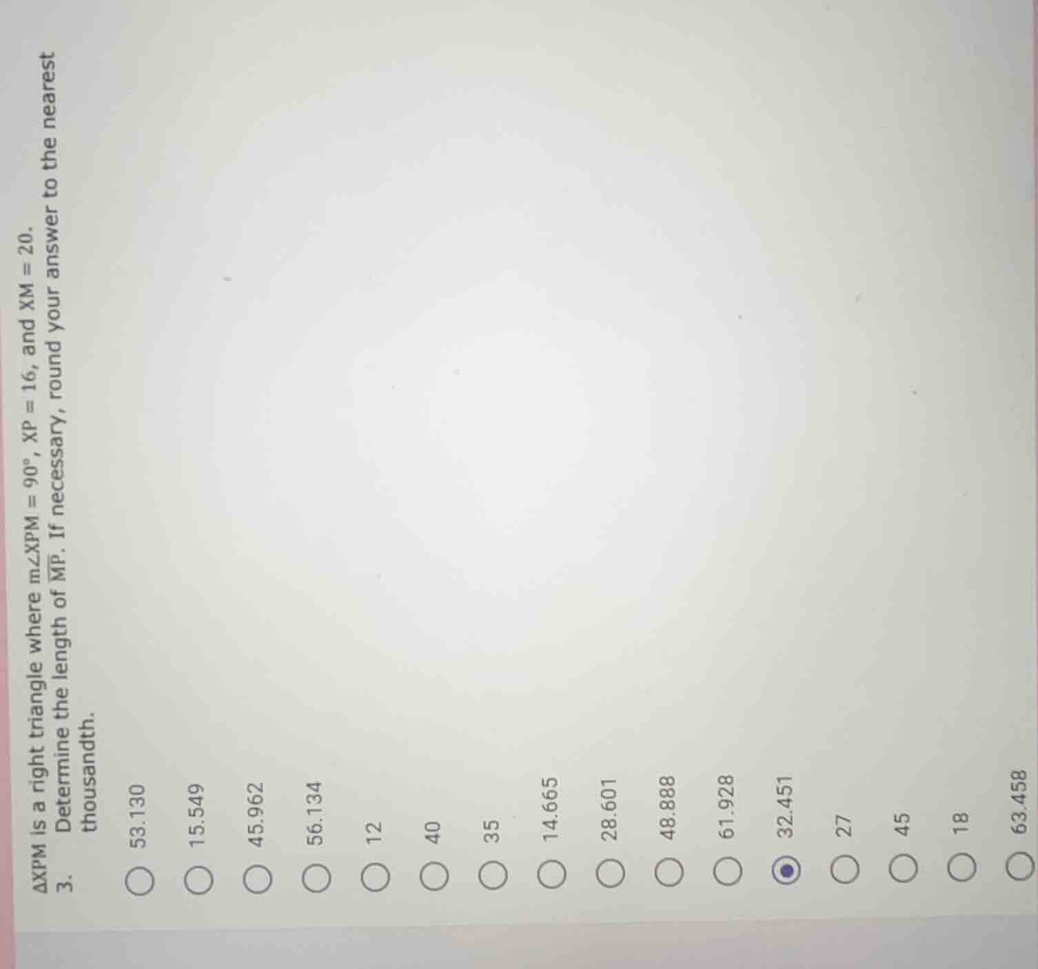 △xpm is a right triangle where ( mangle xpm = 90^circ ), ( xp = 16 ), a…