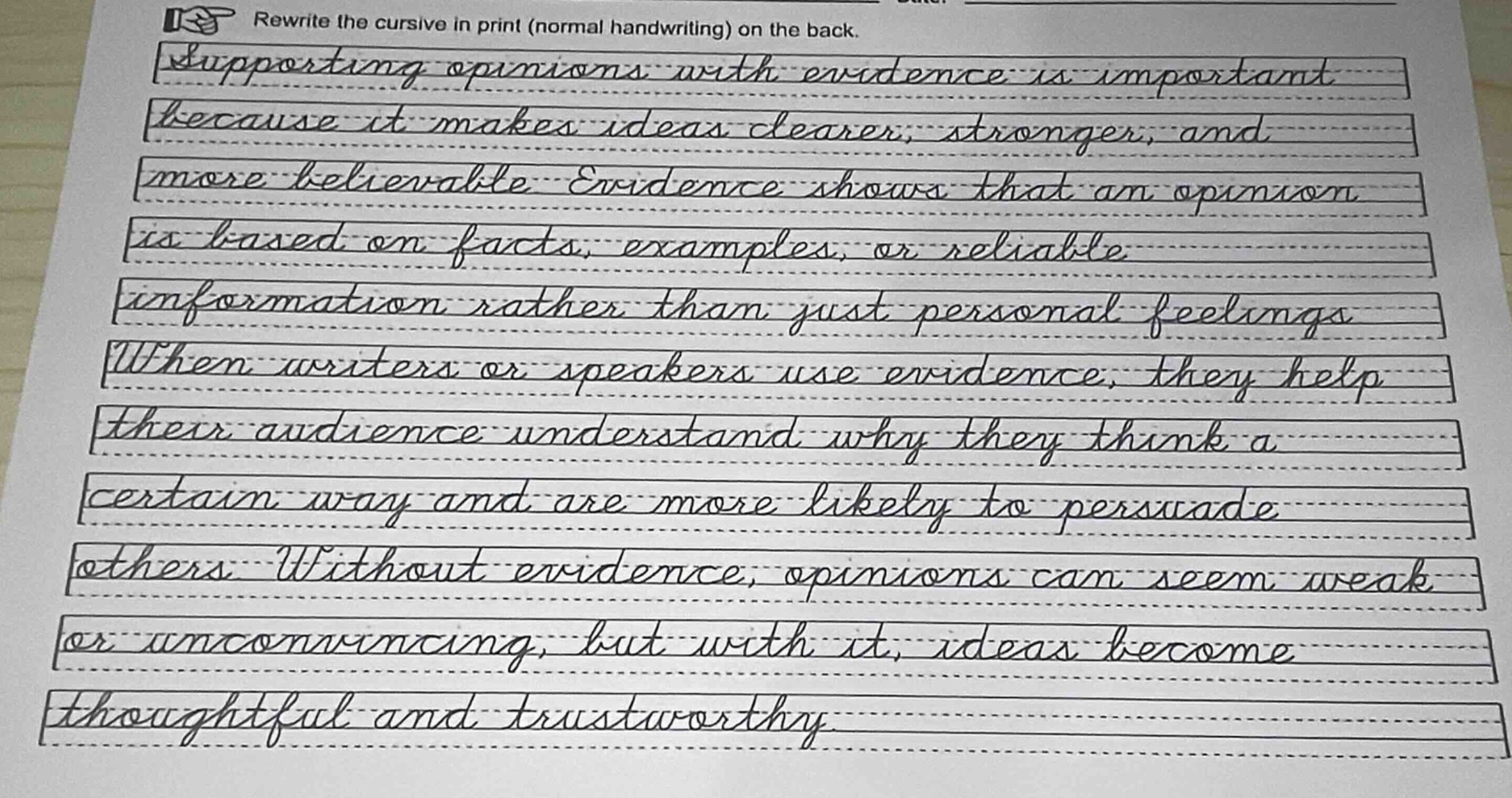 rewrite the cursive in print (normal handwriting) on the back. supporti…