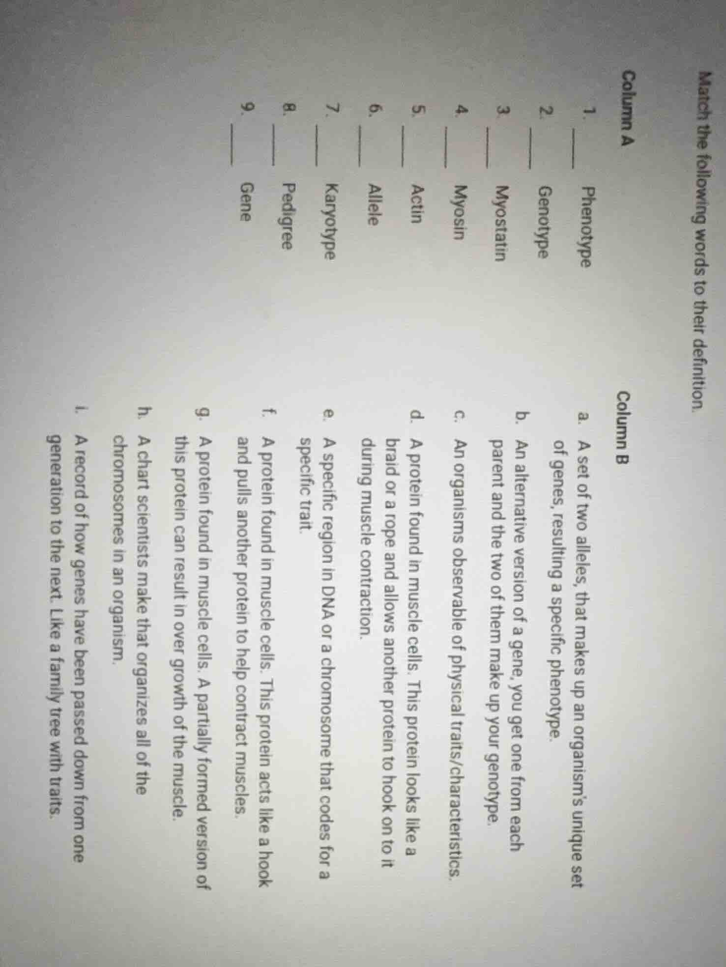 match the following words to their definition. column a 1. ____ phenoty…