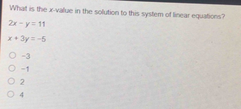 what is the x - value in the solution to this system of linear equation…