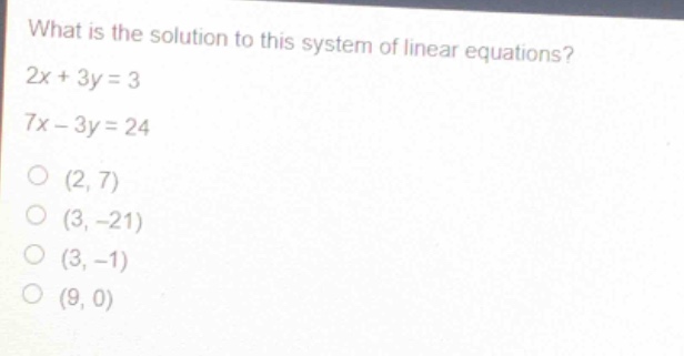 what is the solution to this system of linear equations? 2x + 3y = 3 7x…