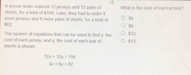 a soccer team ordered 12 jerseys and 12 pairs of shorts, for a total of…