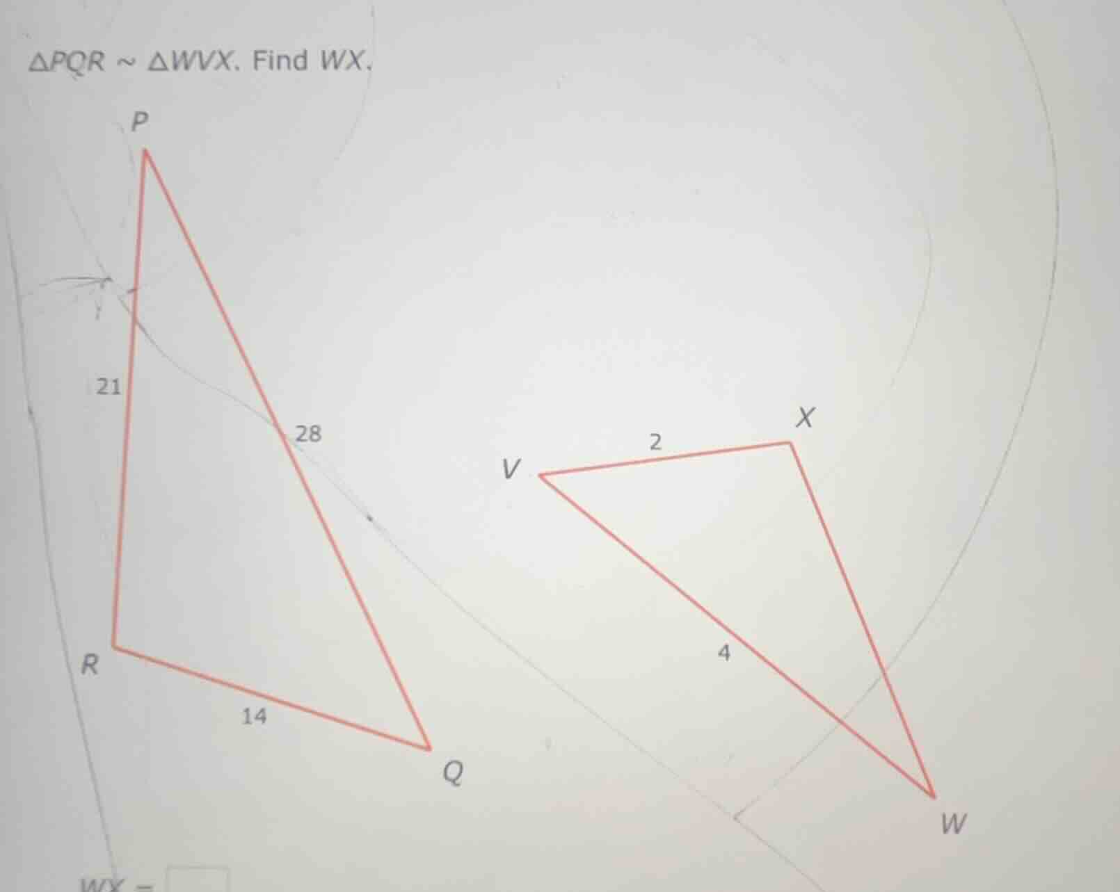 $\\triangle pqr \\sim \\triangle wvx$. find $wx$.