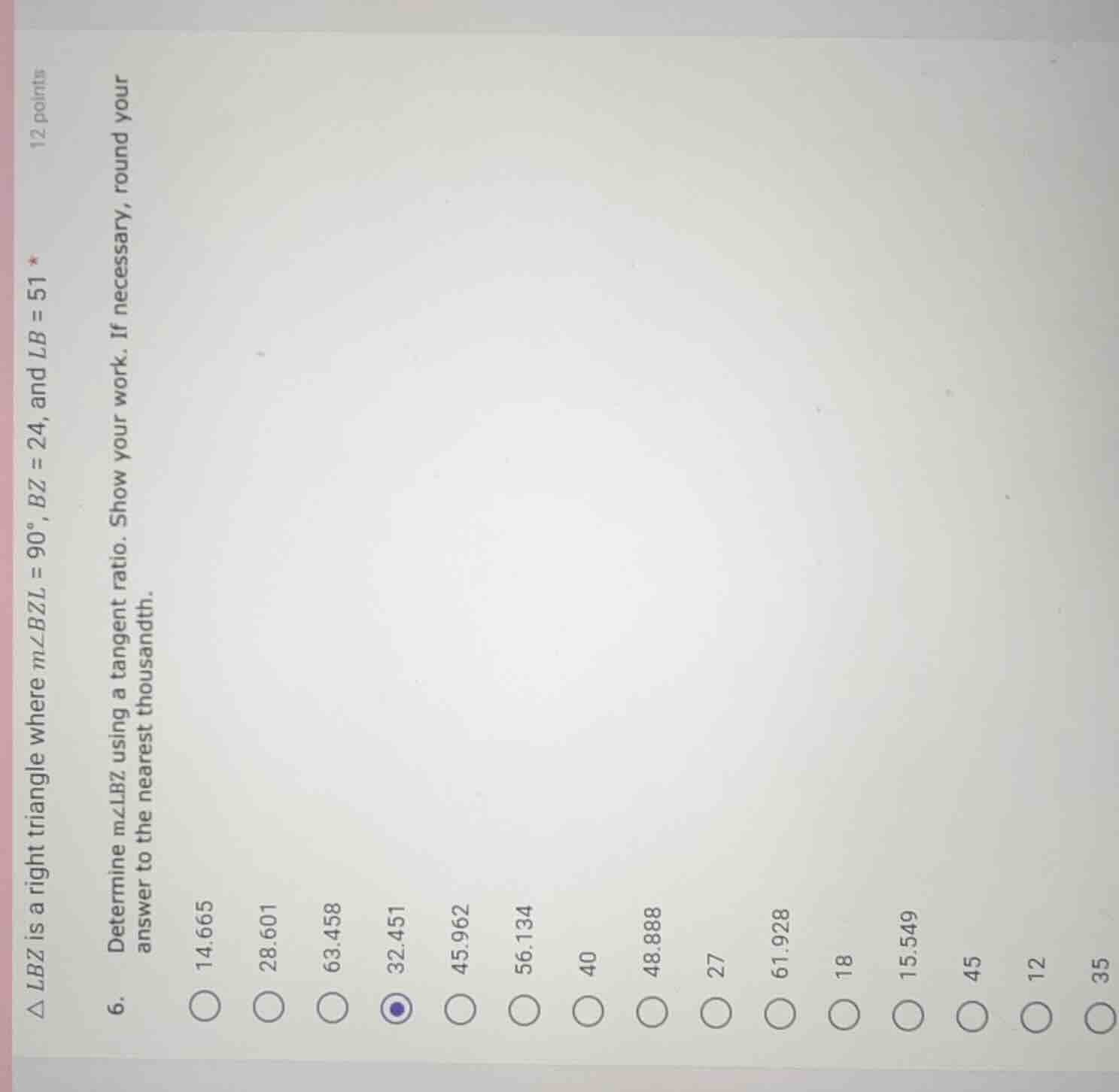 12 points\ $\\triangle lbz$ is a right triangle where $m\\angle bzl = 9…