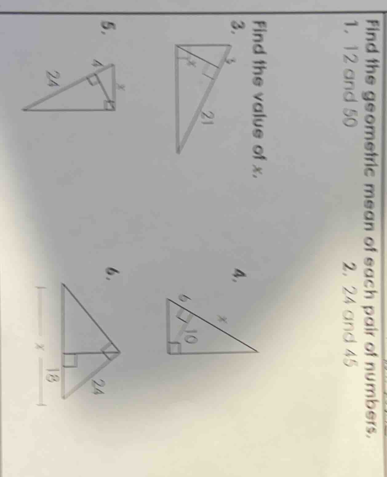find the geometric mean of each pair of numbers. 1. 12 and 50 2. 24 and…
