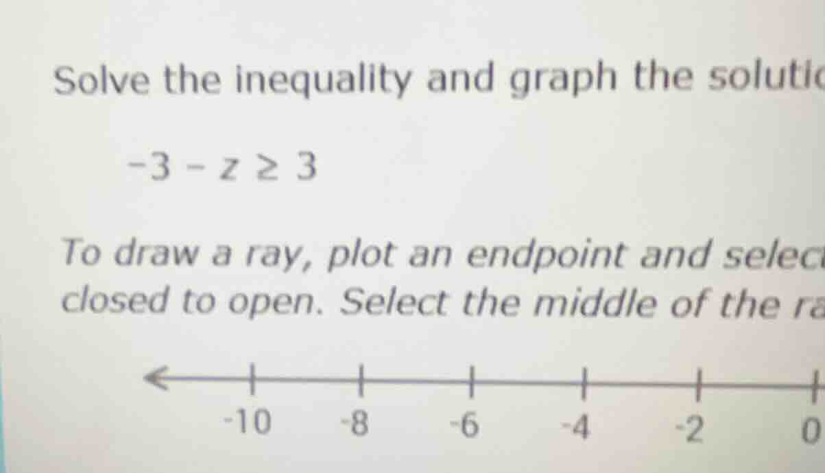 solve the inequality and graph the solutio -3 - z ≥ 3 to draw a ray, pl…