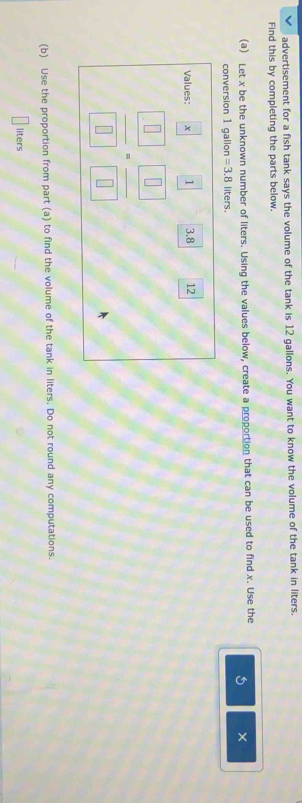 advertisement for a fish tank says the volume of the tank is 12 gallons…