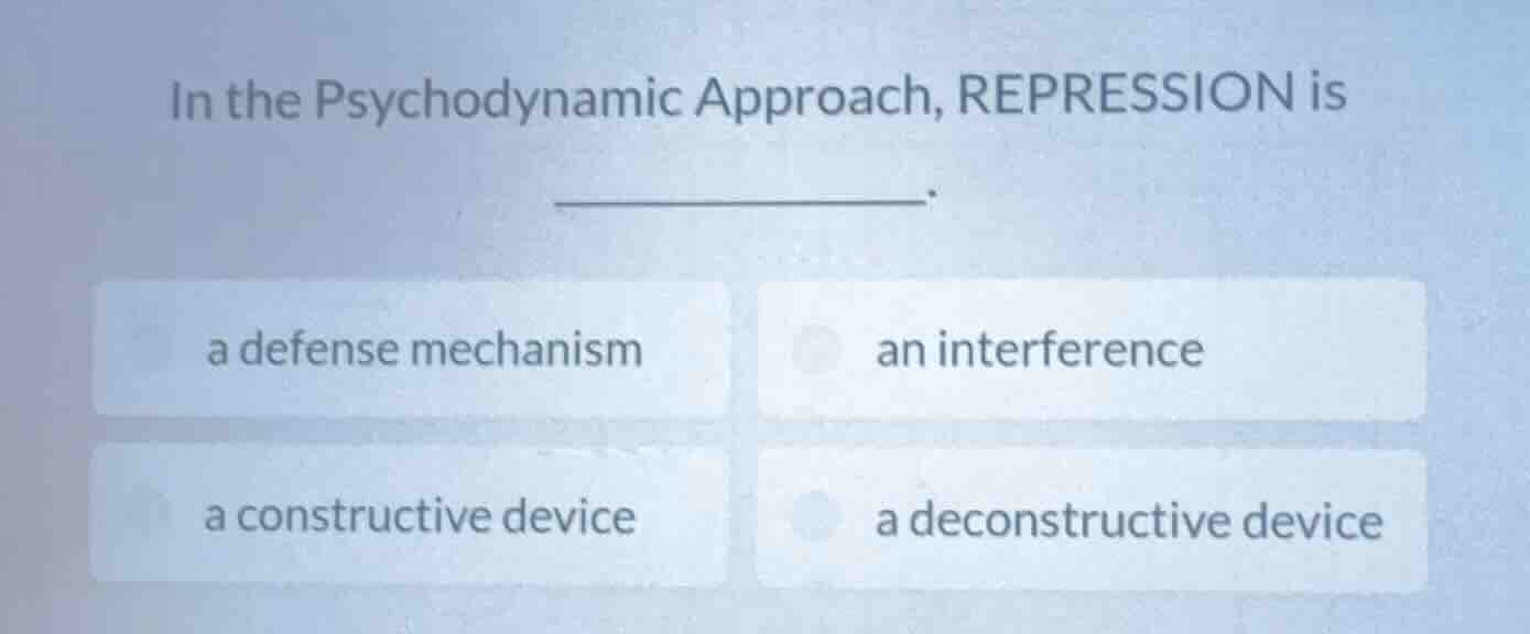 in the psychodynamic approach, repression is ________. a defense mechan…