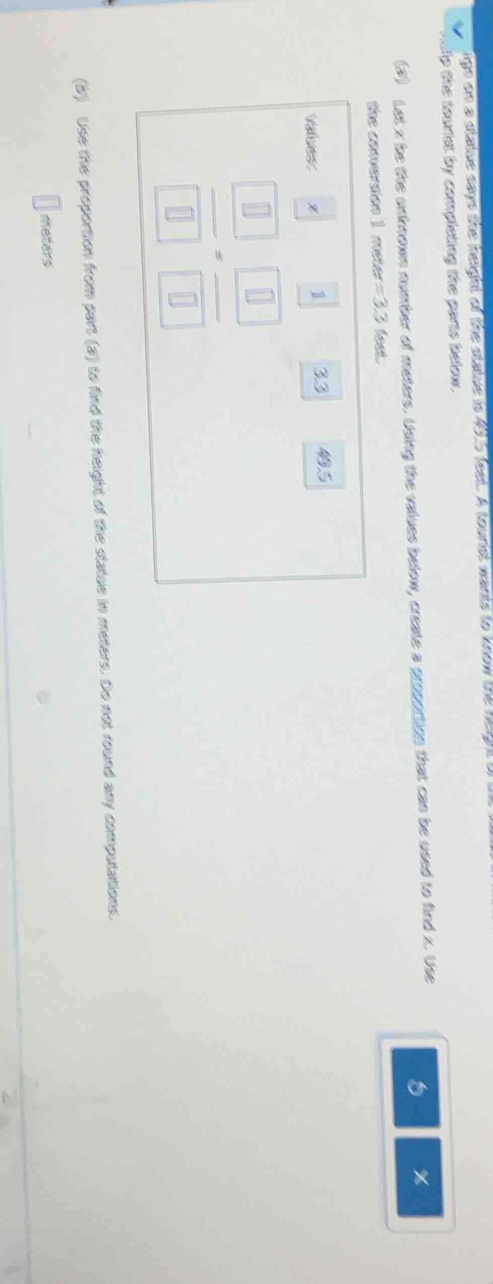 high on a statue says the height of the statue is 49.5 feet. a tourist …