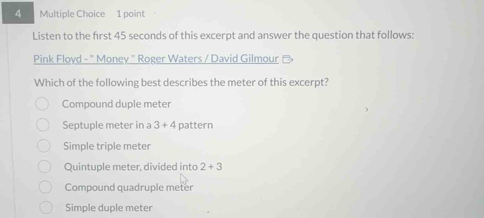 4 multiple choice 1 point listen to the first 45 seconds of this excerp…