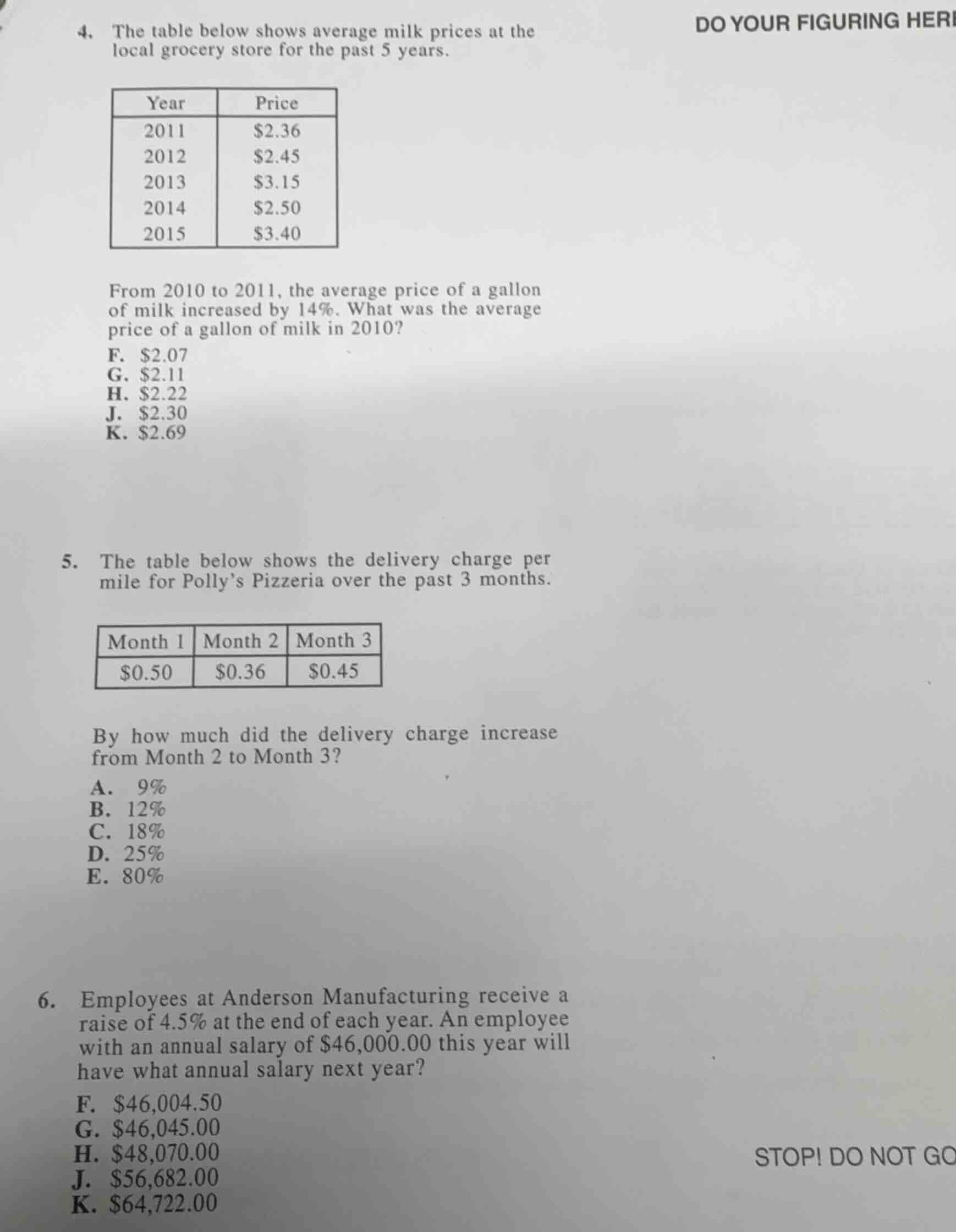 4. the table below shows average milk prices at the local grocery store…