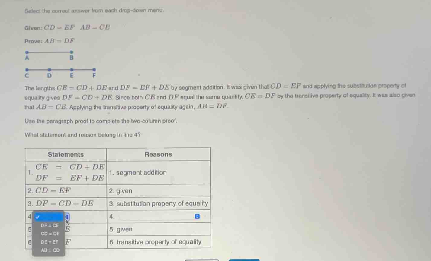 select the correct answer from each drop - down menu. given: ( cd = ef …