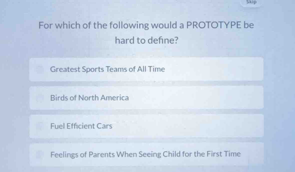 for which of the following would a prototype be hard to define? greates…