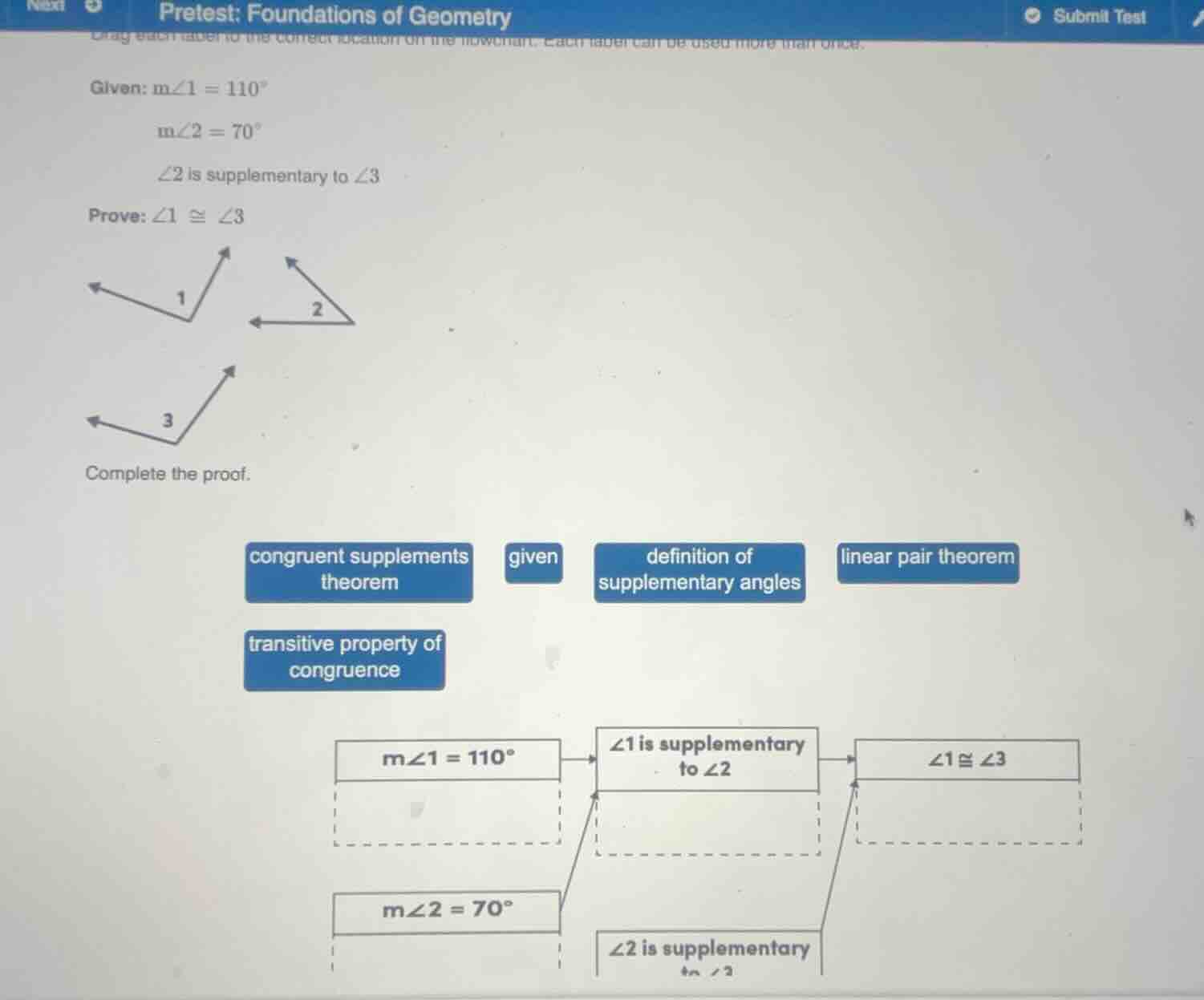 pretest: foundations of geometry given: ( mangle 1 = 110^circ ) ( mangl…