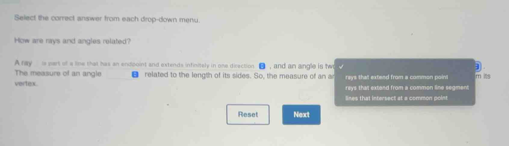 select the correct answer from each drop - down menu. how are rays and …