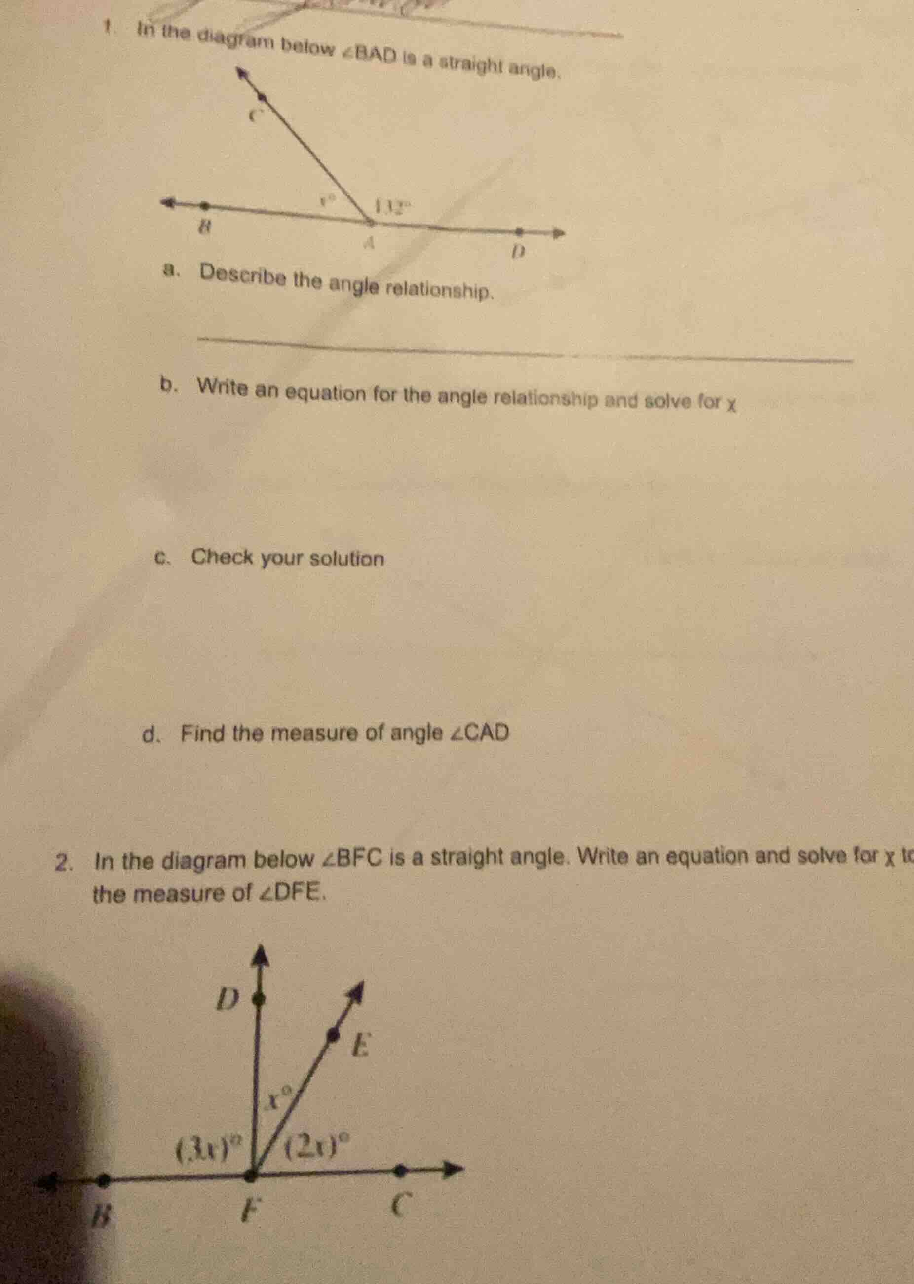 1. in the diagram below ∠bad is a straight angle. a. describe the angle…