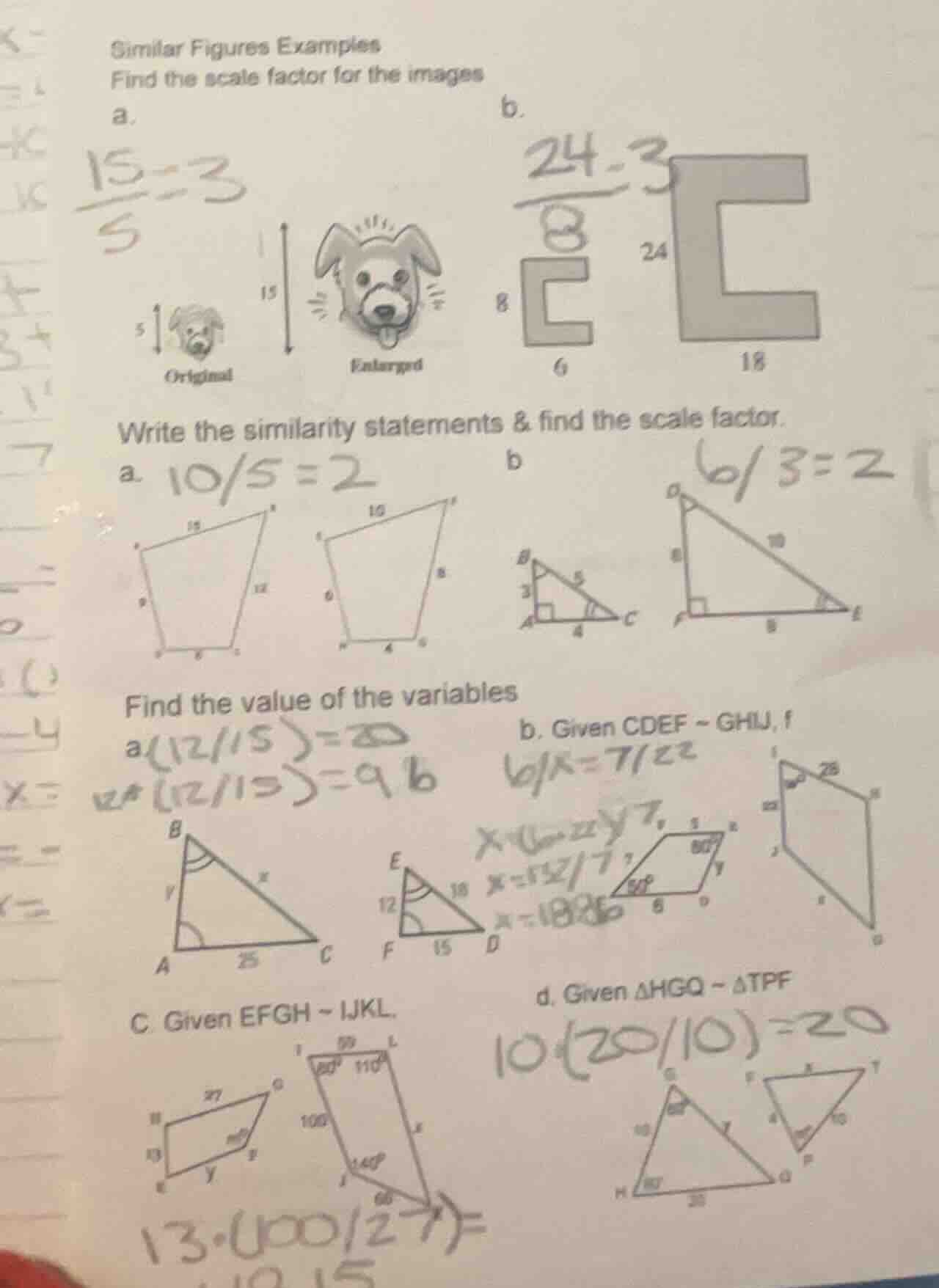 similar figures examples find the scale factor for the images a. b. wri…