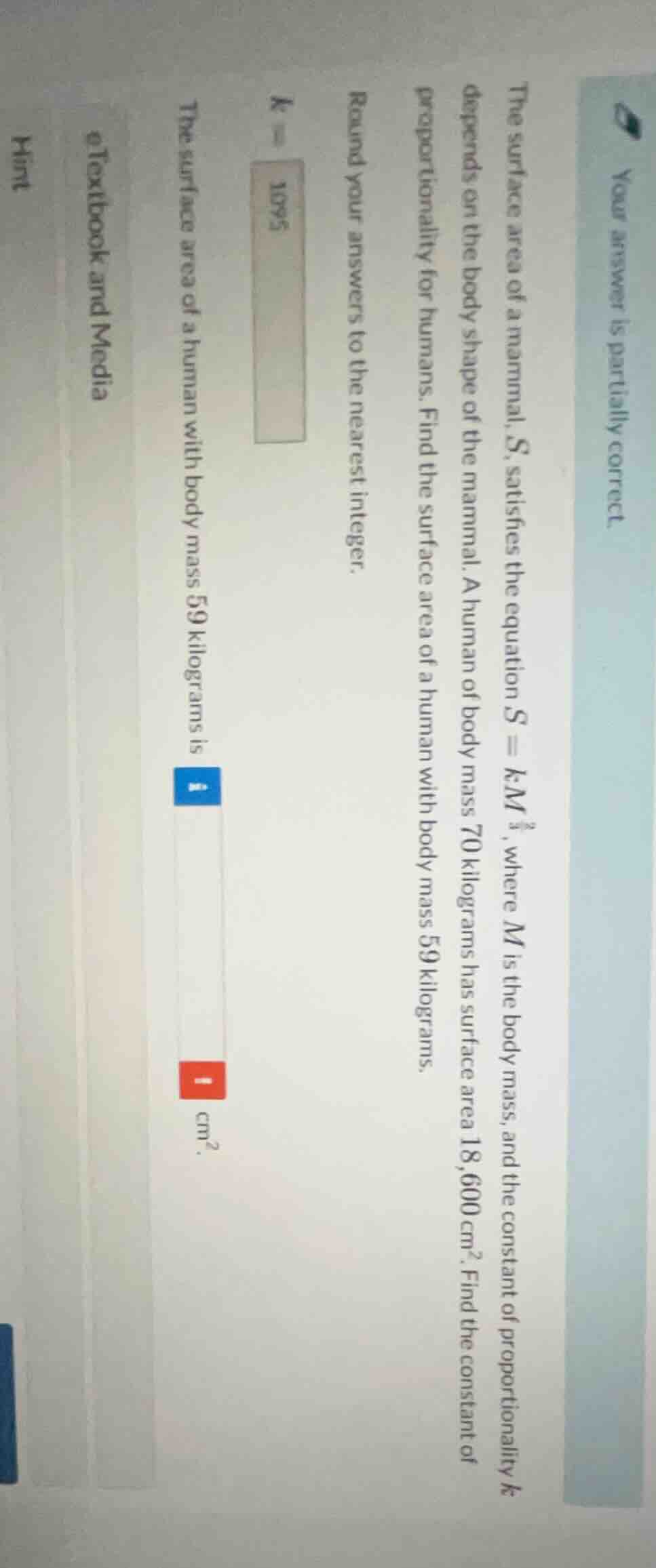 the surface area of a mammal, s, satisfies the equation ( s = km^{\frac…