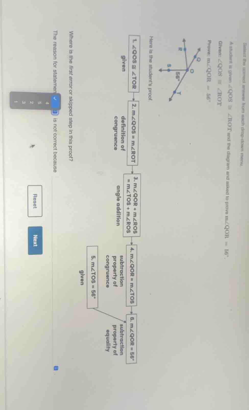 a student is given ∠qos ≅ ∠rot and the diagram and asked to prove m∠qor…