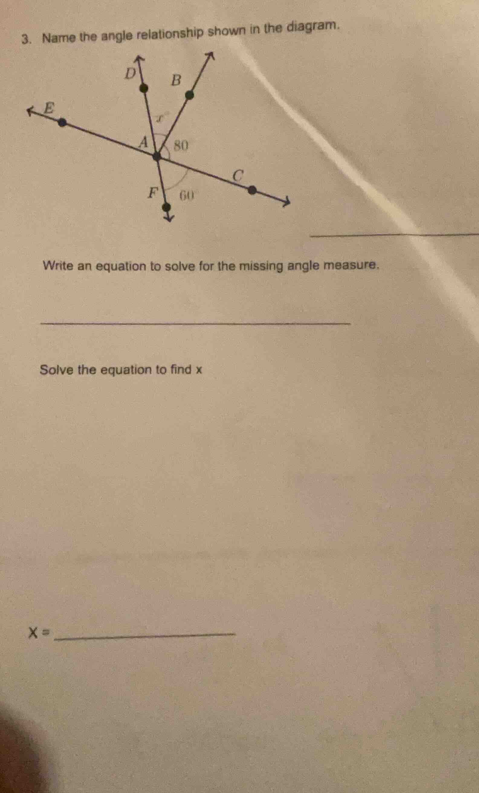 3. name the angle relationship shown in the diagram. write an equation …