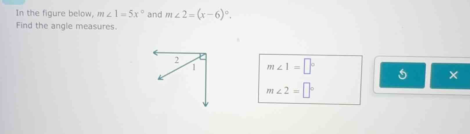 in the figure below, $m\\angle 1 = 5x^{\\circ}$ and $m\\angle 2 = (x - …