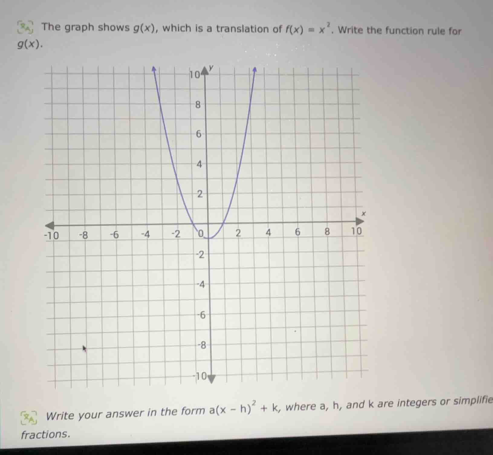 the graph shows g(x), which is a translation of $f(x)=x^2$. write the f…