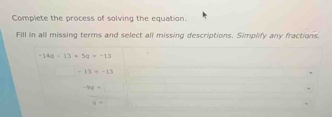 complete the process of solving the equation. fill in all missing terms…