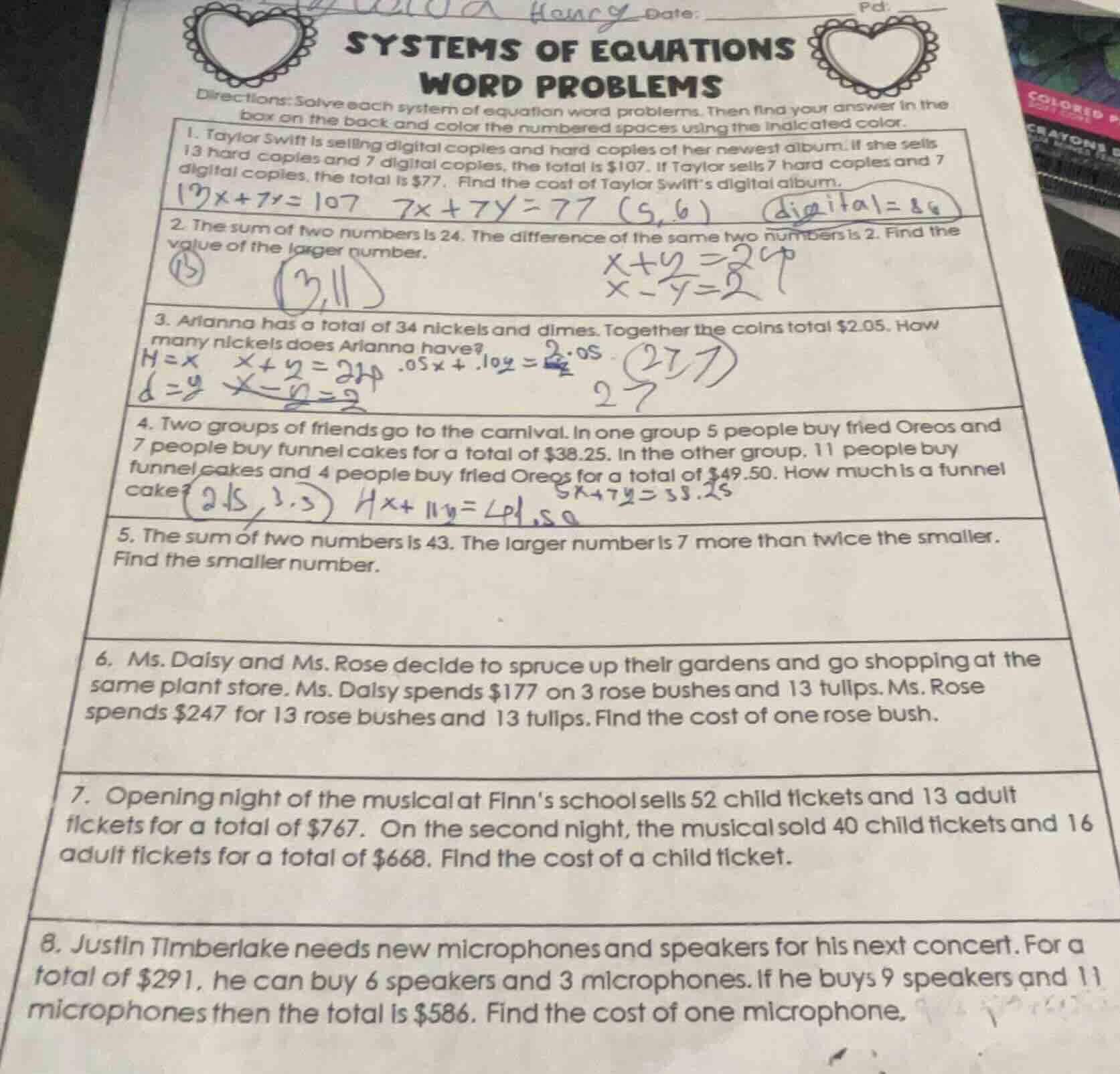 systems of equations word problems directions: solve each system of equ…