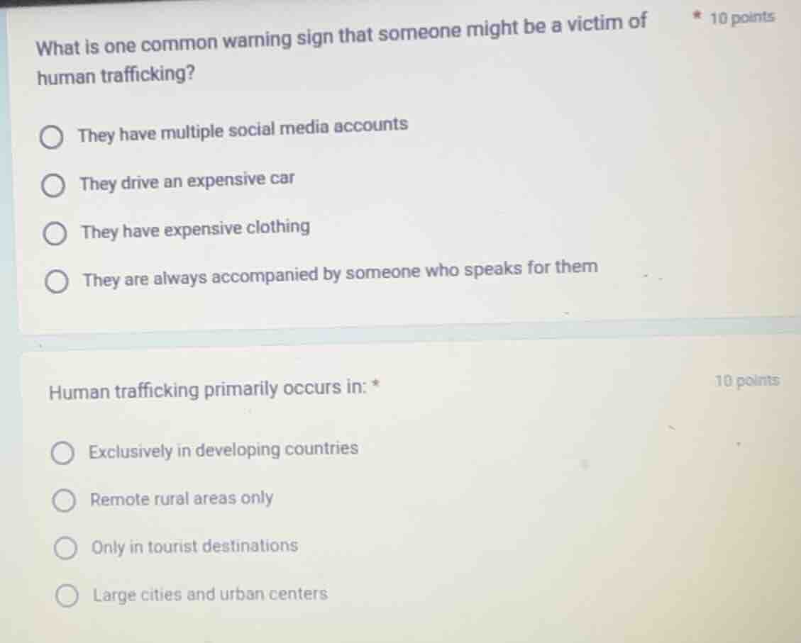 what is one common warning sign that someone might be a victim of human…