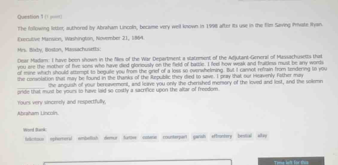 question 1 (1 point) the following letter, authored by abraham lincoln,…
