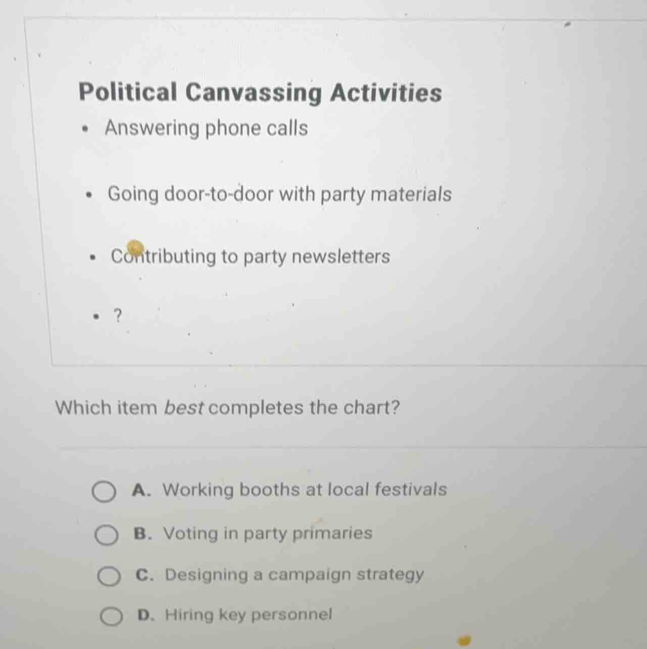 political canvassing activities - answering phone calls - going door - …