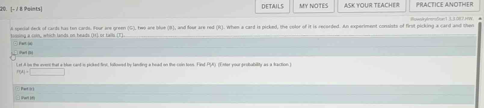 a special deck of cards has ten cards. four are green (g), two are blue…