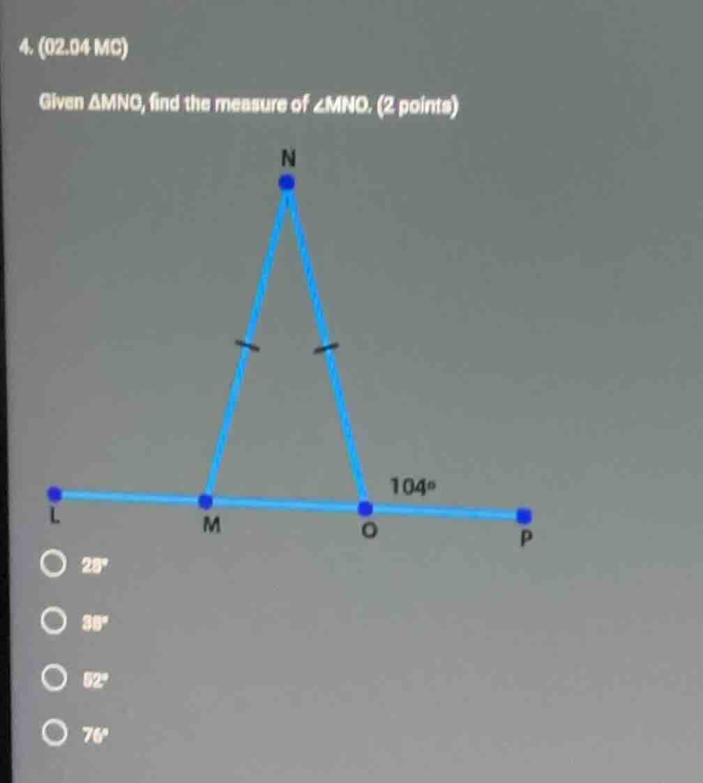 4. (02.04 mc) given δmno, find the measure of ∠mno. (2 points) options:…
