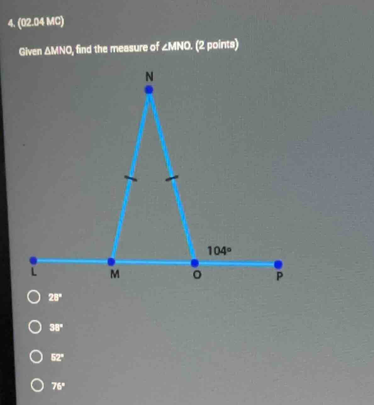 4. (02.04 mc) given δmno, find the measure of ∠mno. (2 points) options:…