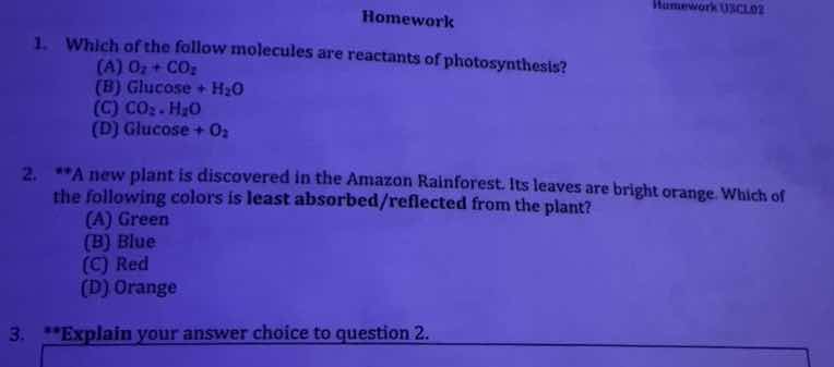 homework 1. which of the follow molecules are reactants of photosynthes…