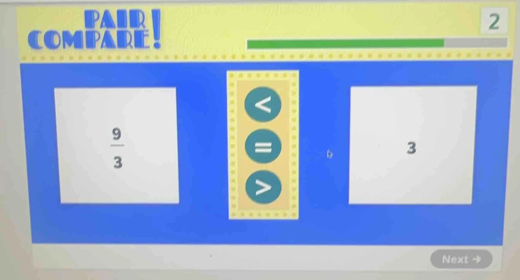 pair compare! 2 \\(\\frac{9}{3}\\) 3 (with comparison symbols <, =, > i…