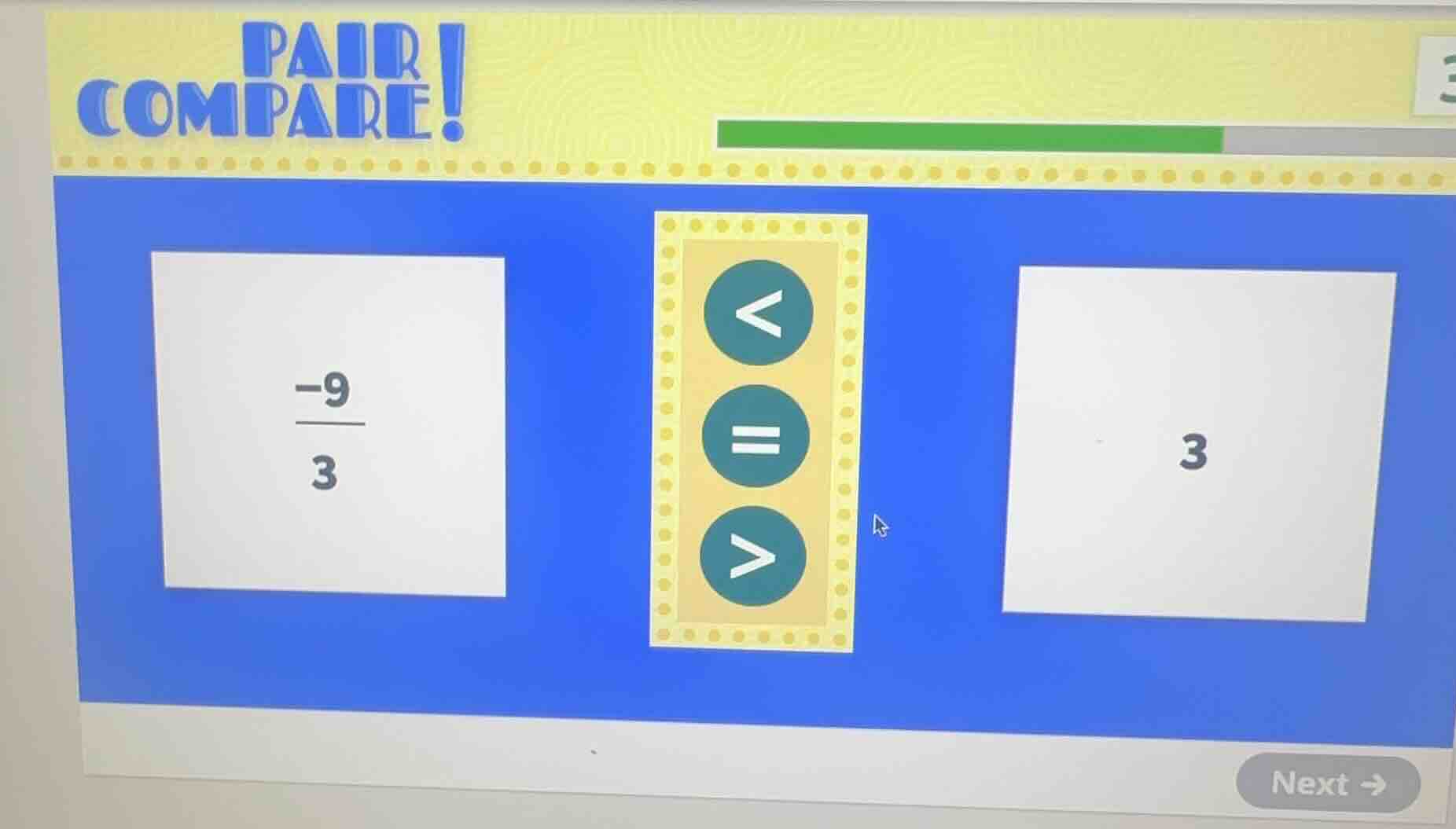 pair compare! -9/3 3 (with comparison symbols <, =, > in the middle)