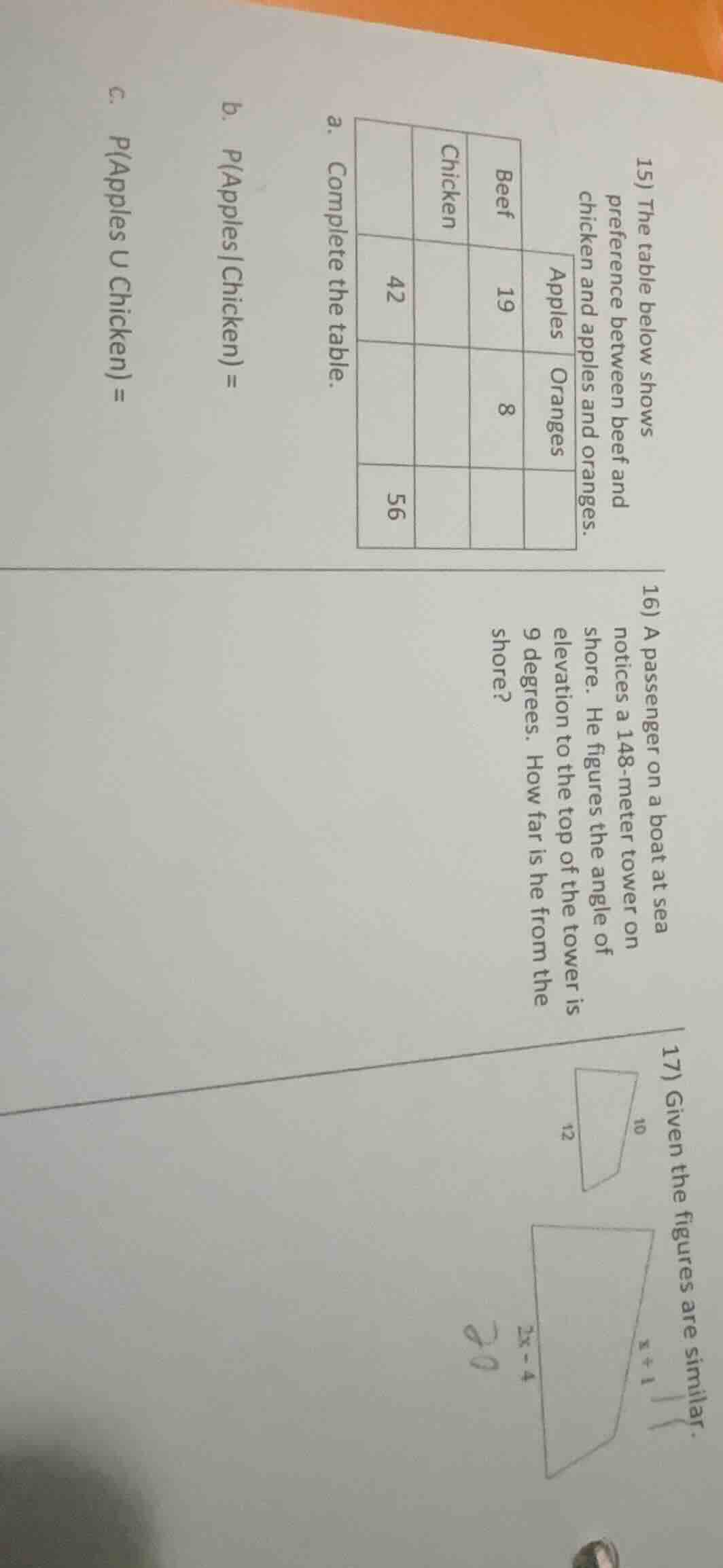 15) the table below shows preference between beef and chicken and apple…