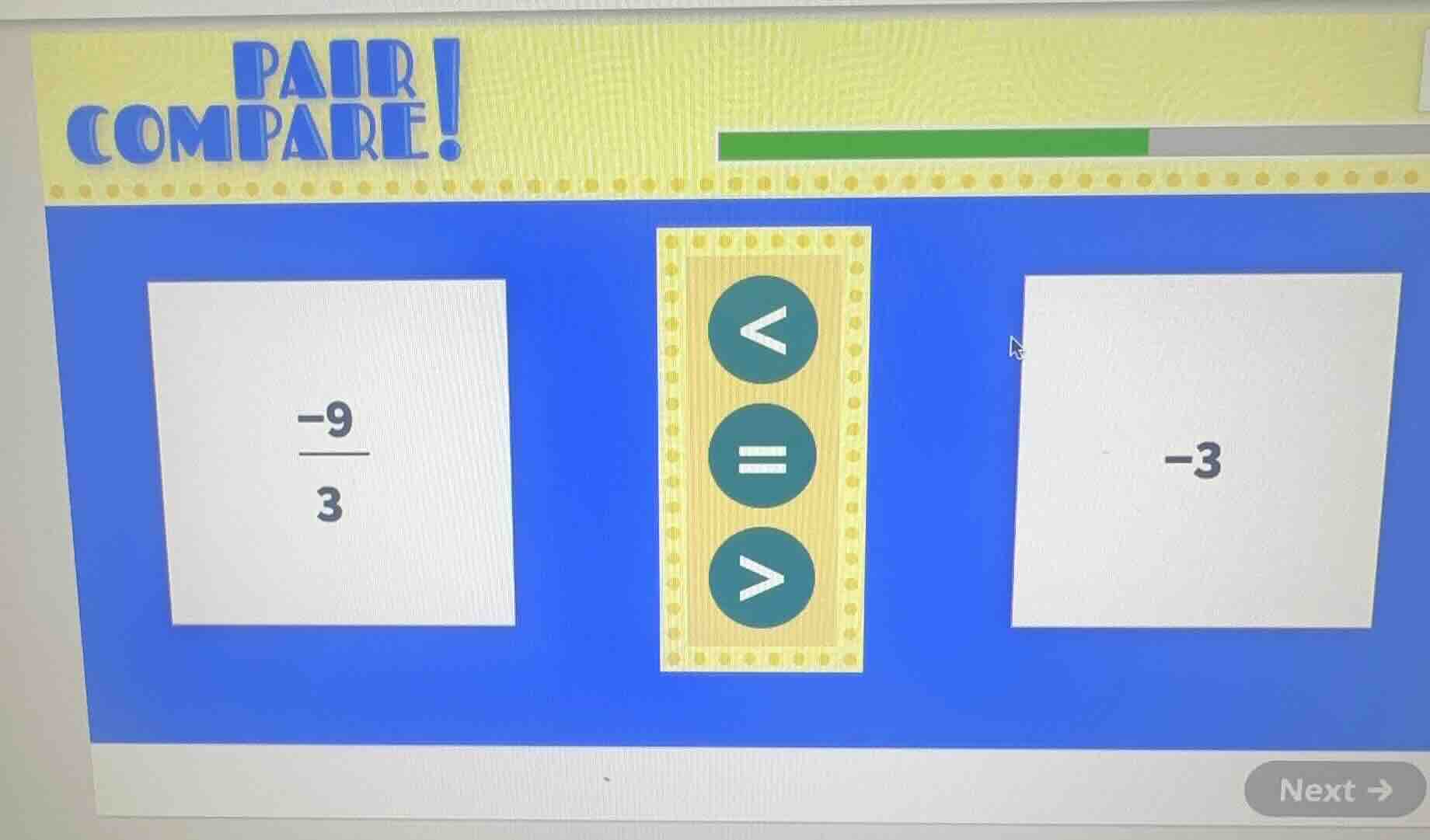 pair compare! -9/3 and -3, choose <, =, or > to compare them