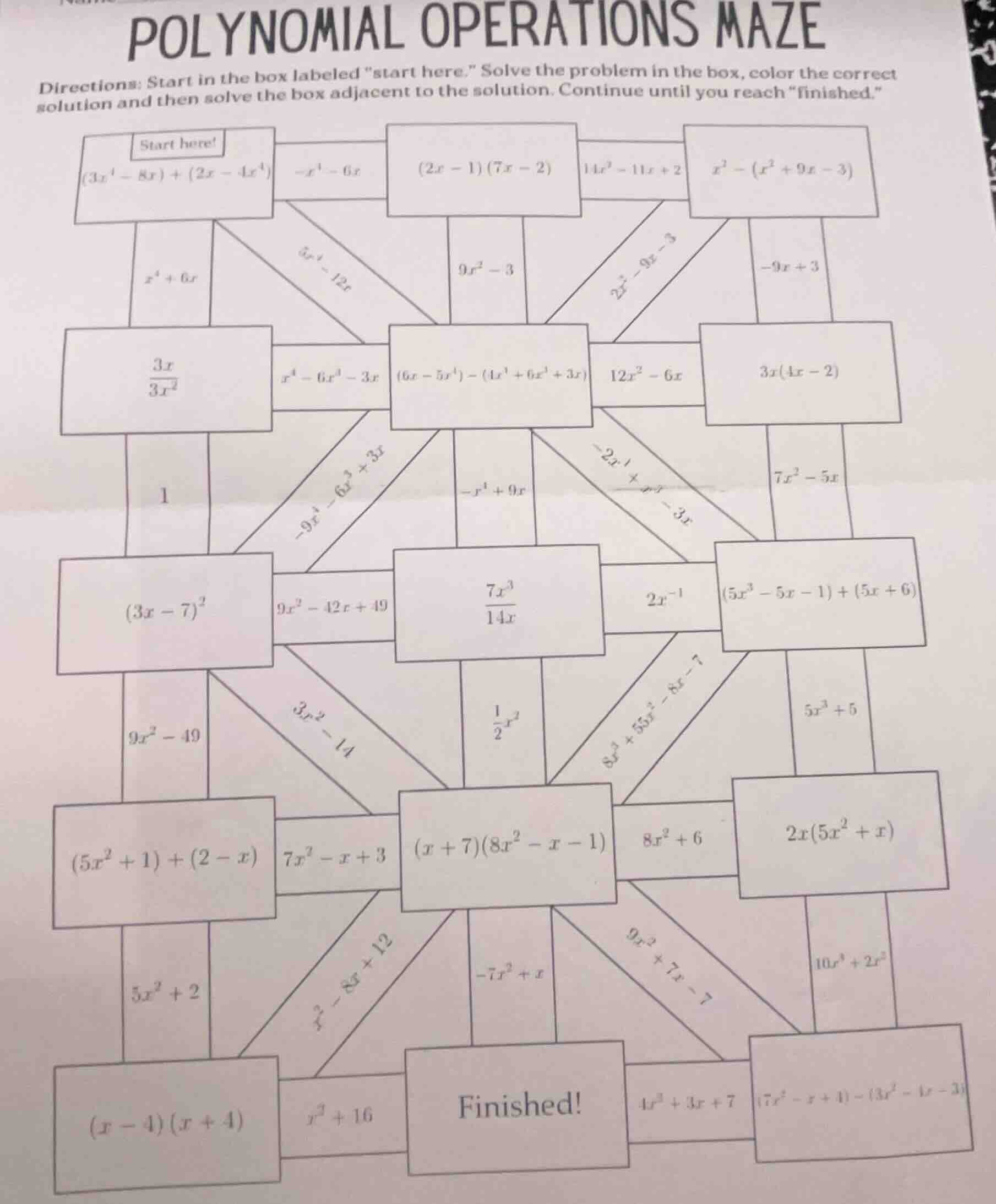 polynomial operations maze directions: start in the box labeled \start …